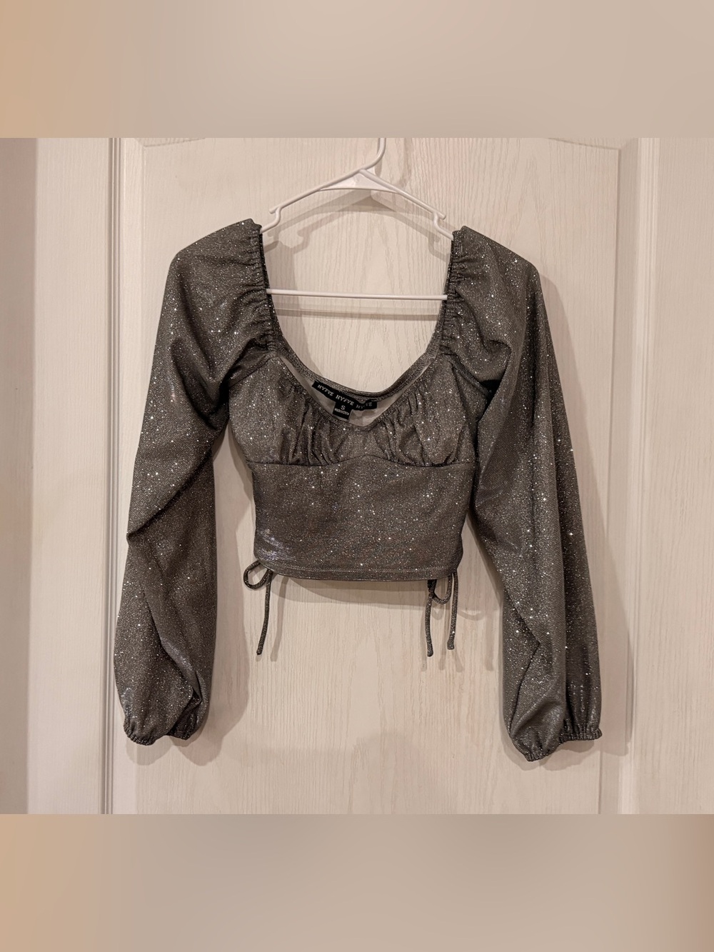 HYFVE Silver Glitter Long Sleeve Ruched Crop Top